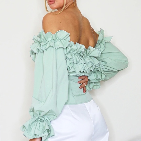 PrettyLittleThing Tops - Pretty Little Thing Sage Green Ruffle Hem Off Shoulder Long Sleeve Top Size 10